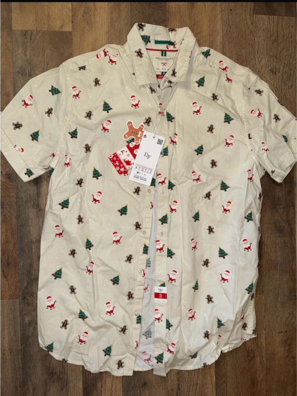 Denim & Flower Cream Holiday Print Short-Sleeve Button-Up Shirt